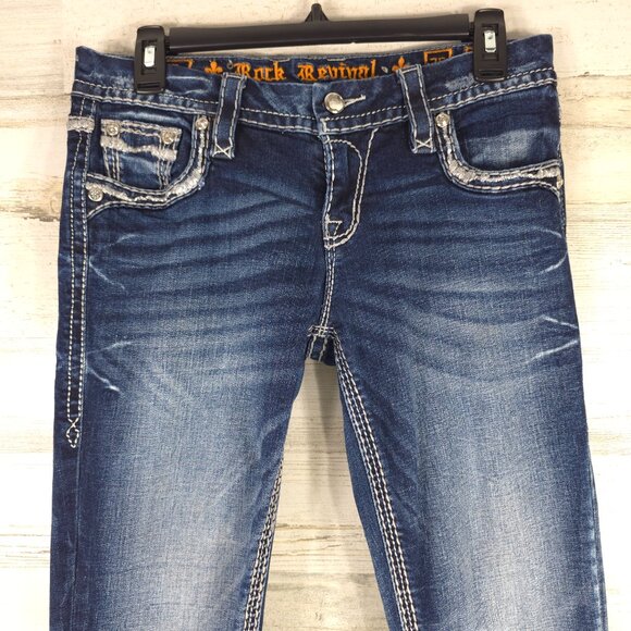 ROCK REVIVAL Ruella Rhinestone Faux Flap Pockets Easy Capri Jeans SIZE 26 30x25 - Picture 5 of 16